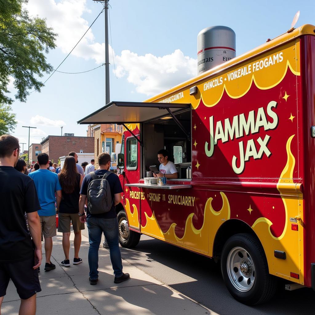 Jammas Jax food truck parked at a local event, serving a long line of eager customers