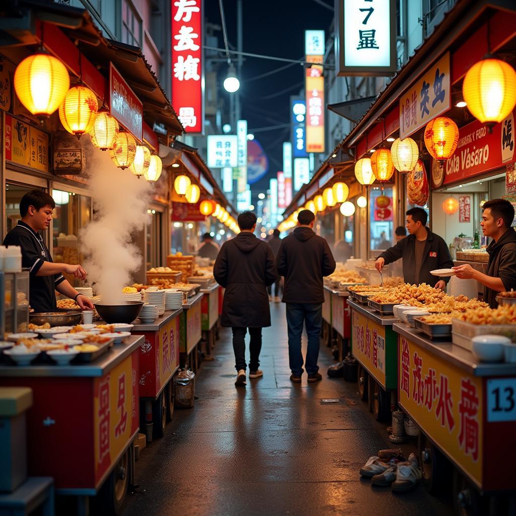 Colorful street food stalls at a Japanese food festival