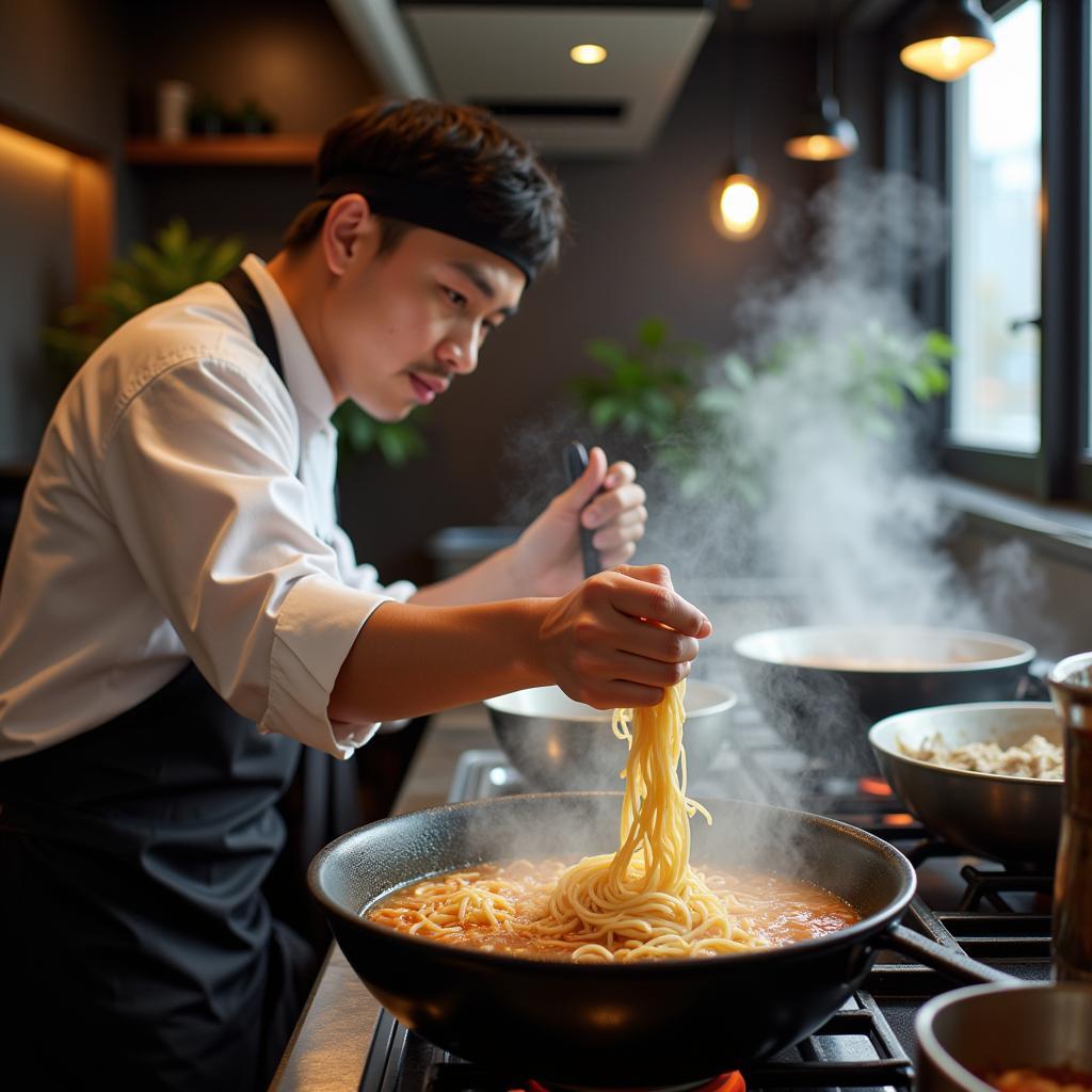 Japanese Ramen Chef Carefully Preparing Broth