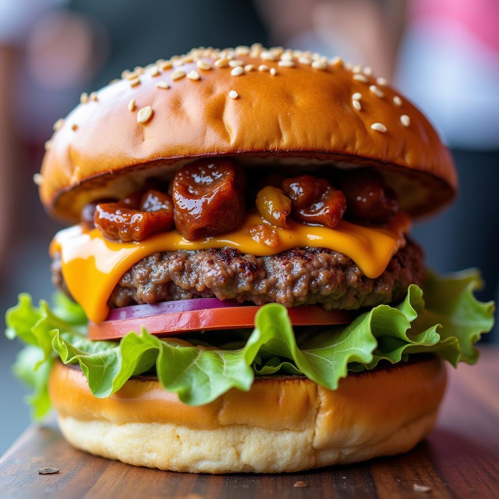 Close-up of a gourmet burger from a food truck