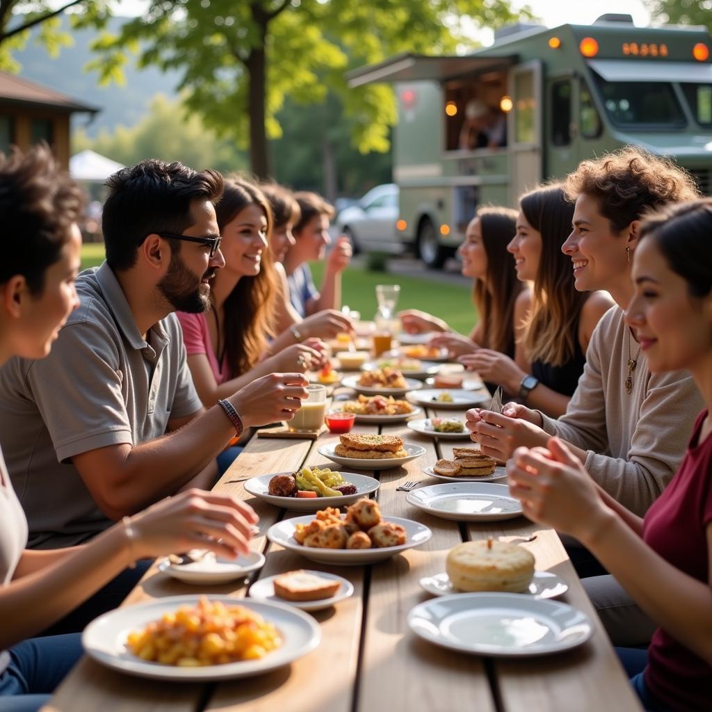 People socializing at a food truck park