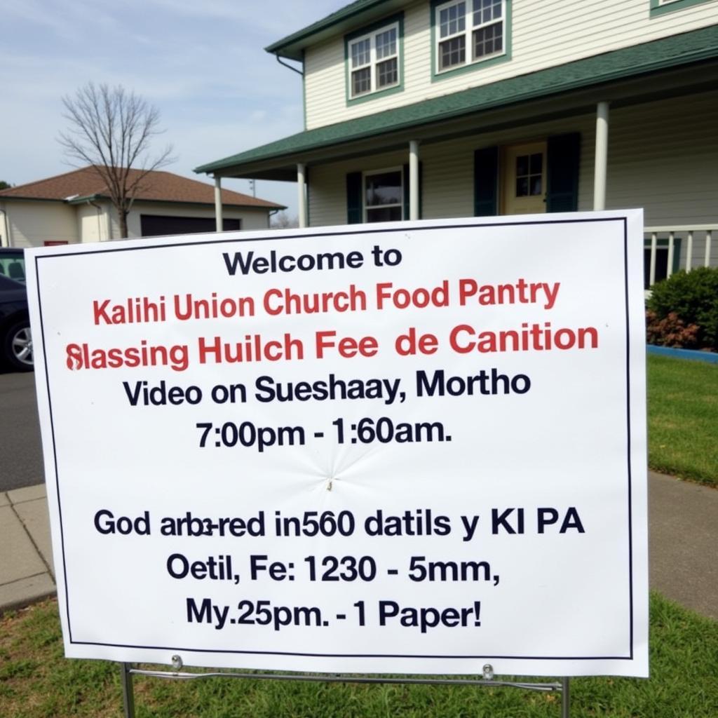 Sign displaying hours of operation and location of Kalihi Union Church Food Pantry