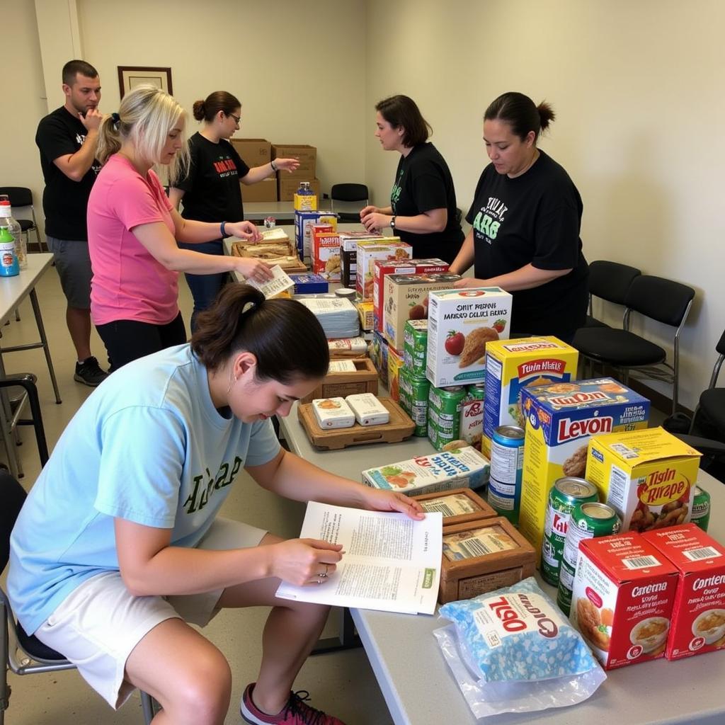 Volunteers sorting and organizing donated food items.