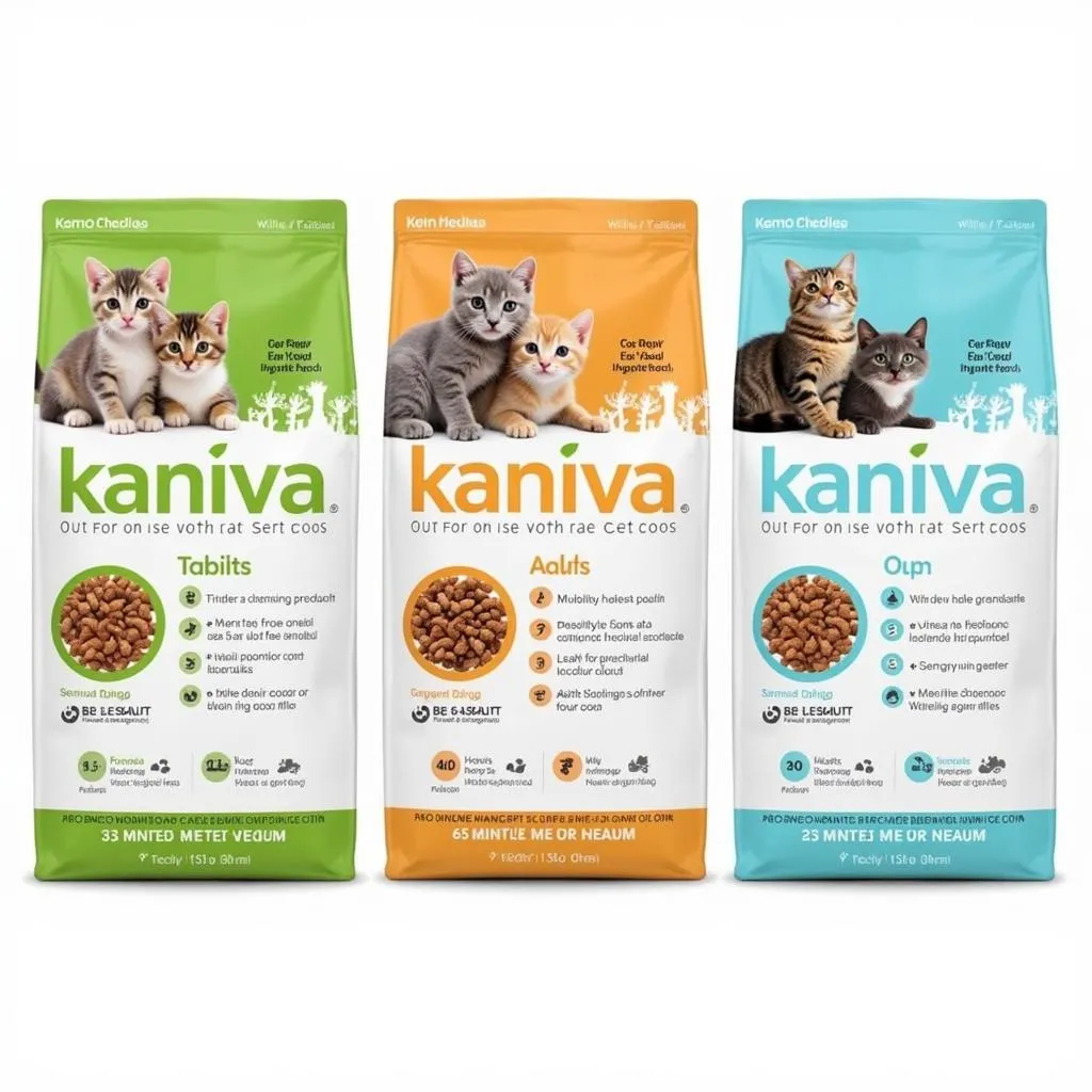 Different Kaniva cat food bags for various life stages.