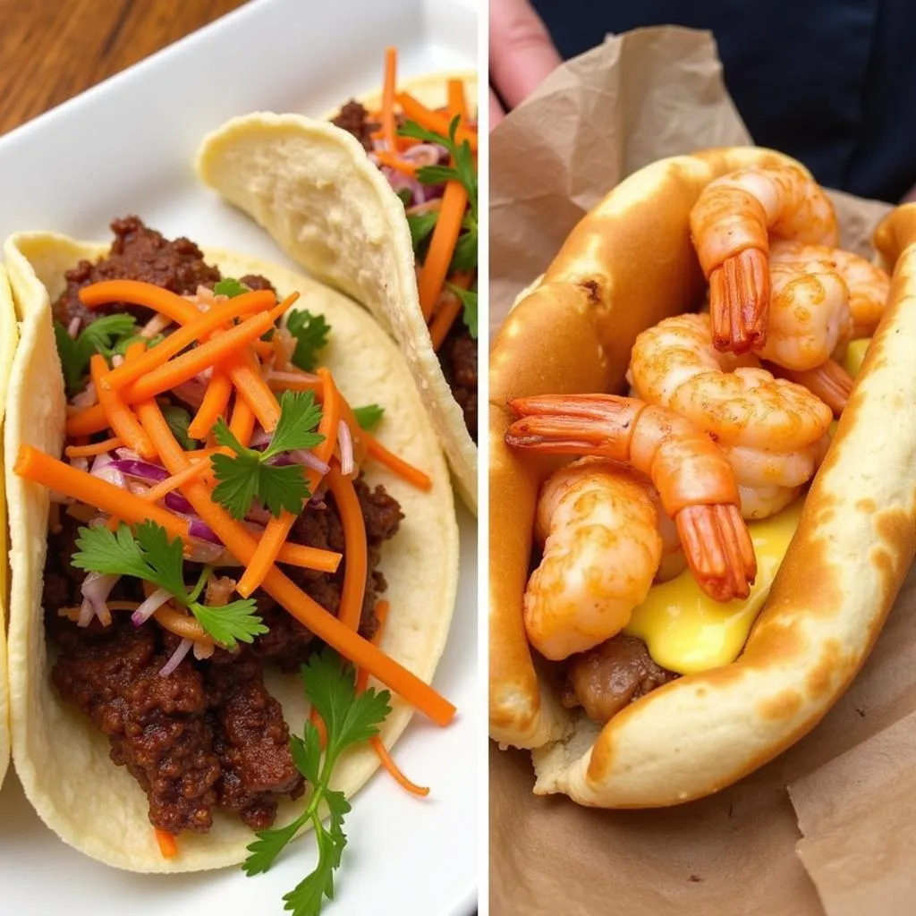 Close-up of Karma Kitchen's Korean BBQ Tacos and Spicy Shrimp Po'Boy