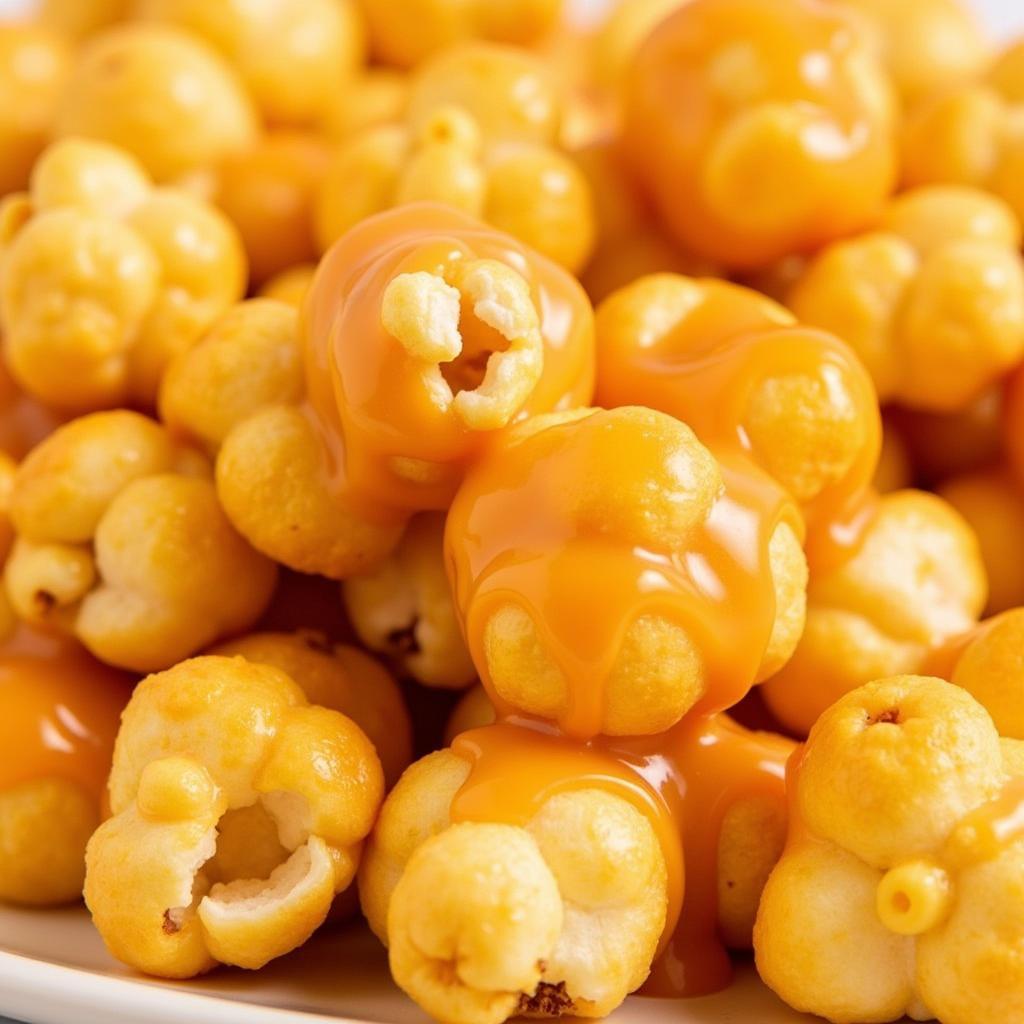 A close-up shot of Kathy Kaye Foods Caramel Cob, showcasing the golden caramel coating and crunchy popcorn.