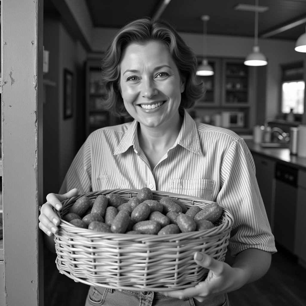 A vintage photograph depicting the founder of Kathy Kaye Foods with a basket of freshly made caramel cob.