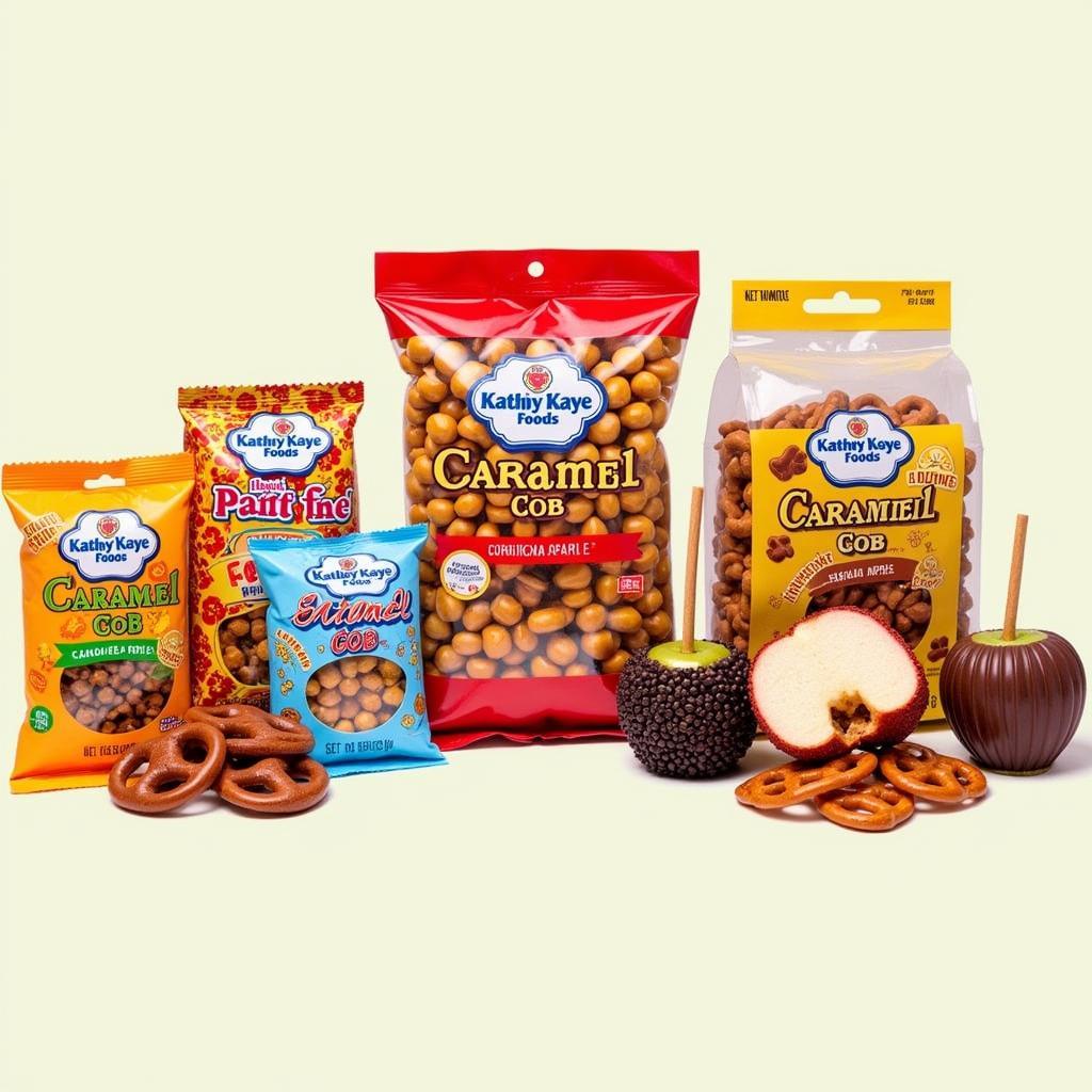 An assortment of Kathy Kaye Foods products, including different flavors and packaging options of their caramel cob.