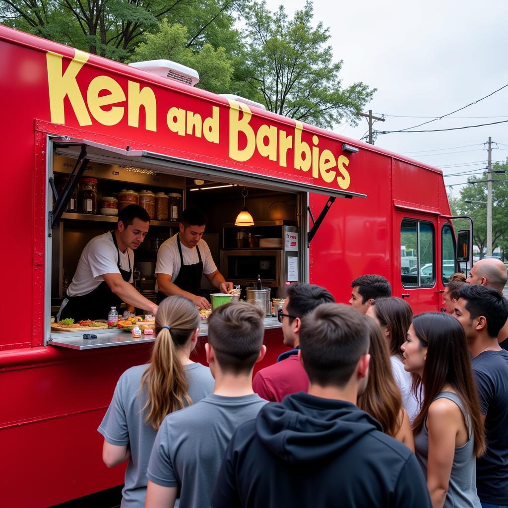 Ken and Barbies Food Truck parked on a sunny street corner, serving a line of eager customers