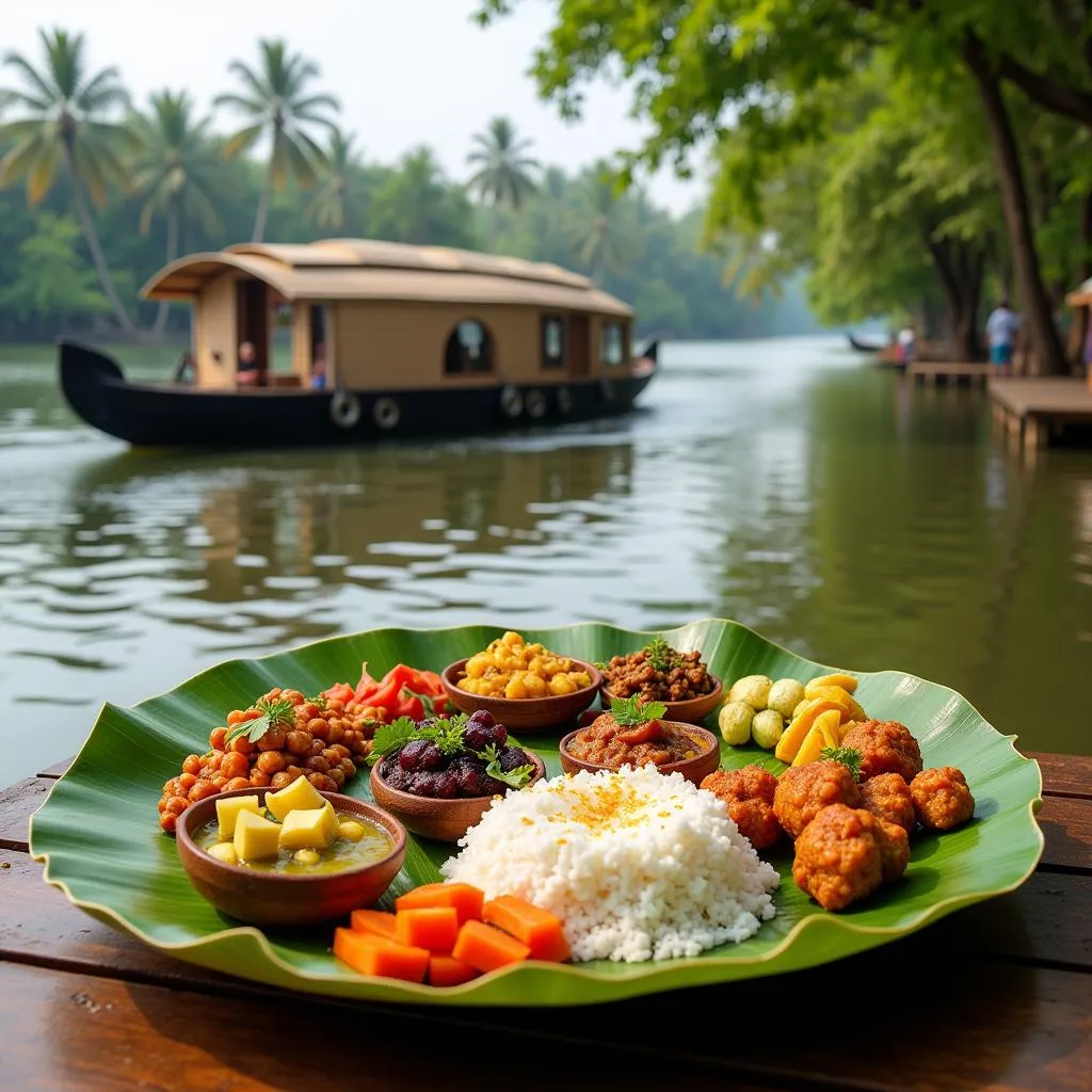 Traditional Kerala food served on a houseboat in the backwaters