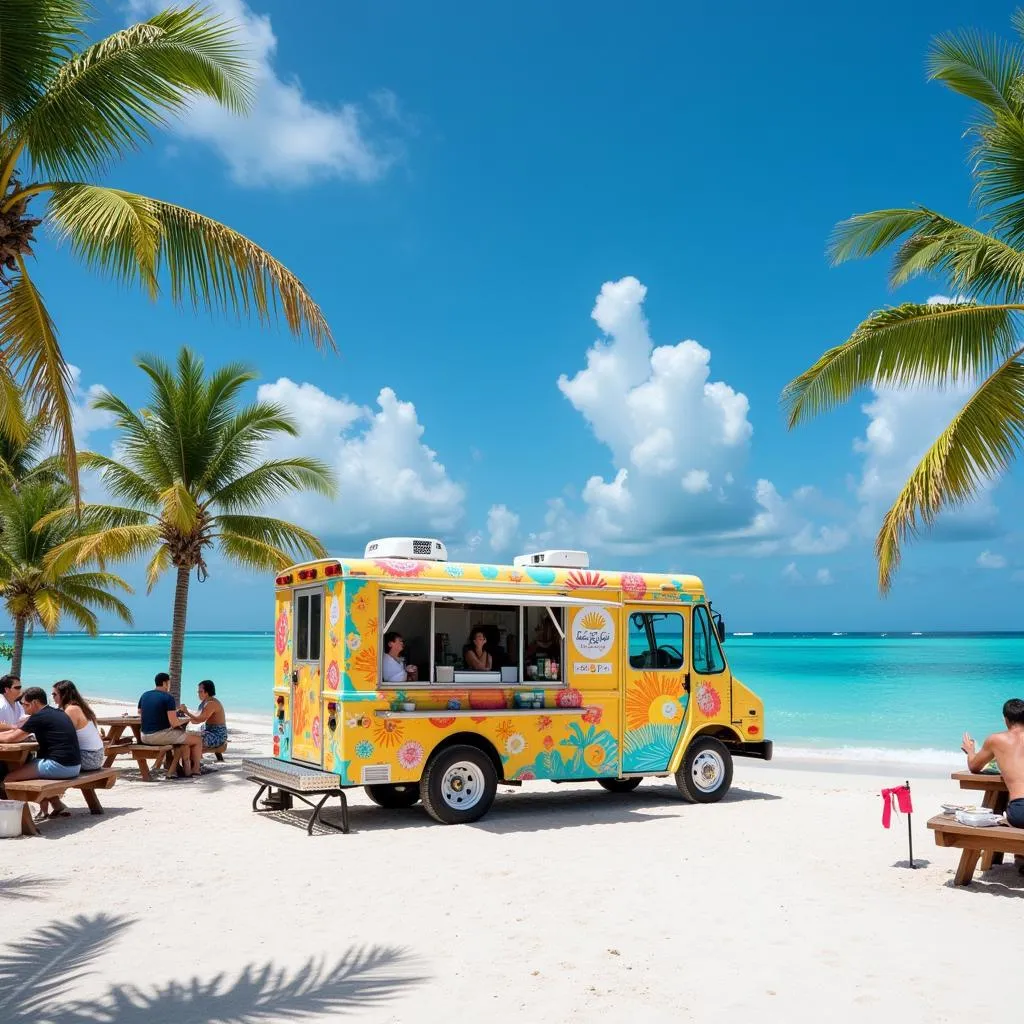 Key Largo food truck parked by the beach with people enjoying their meals