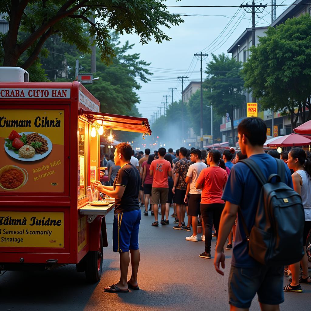 A bustling city street scene with a popular Khmer cuisine food truck serving customers