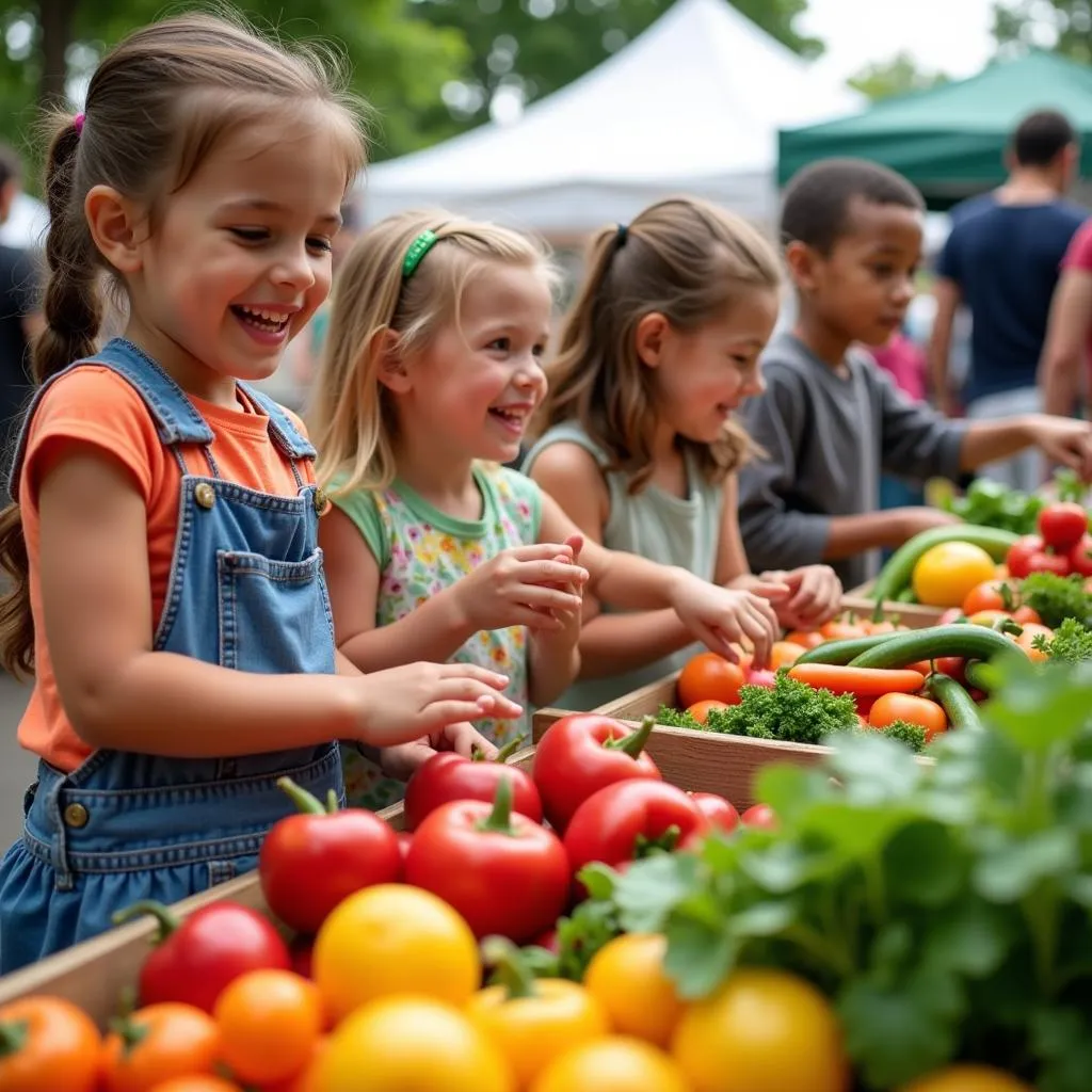 Kids Choosing Fresh Vegetables at Farmers Market