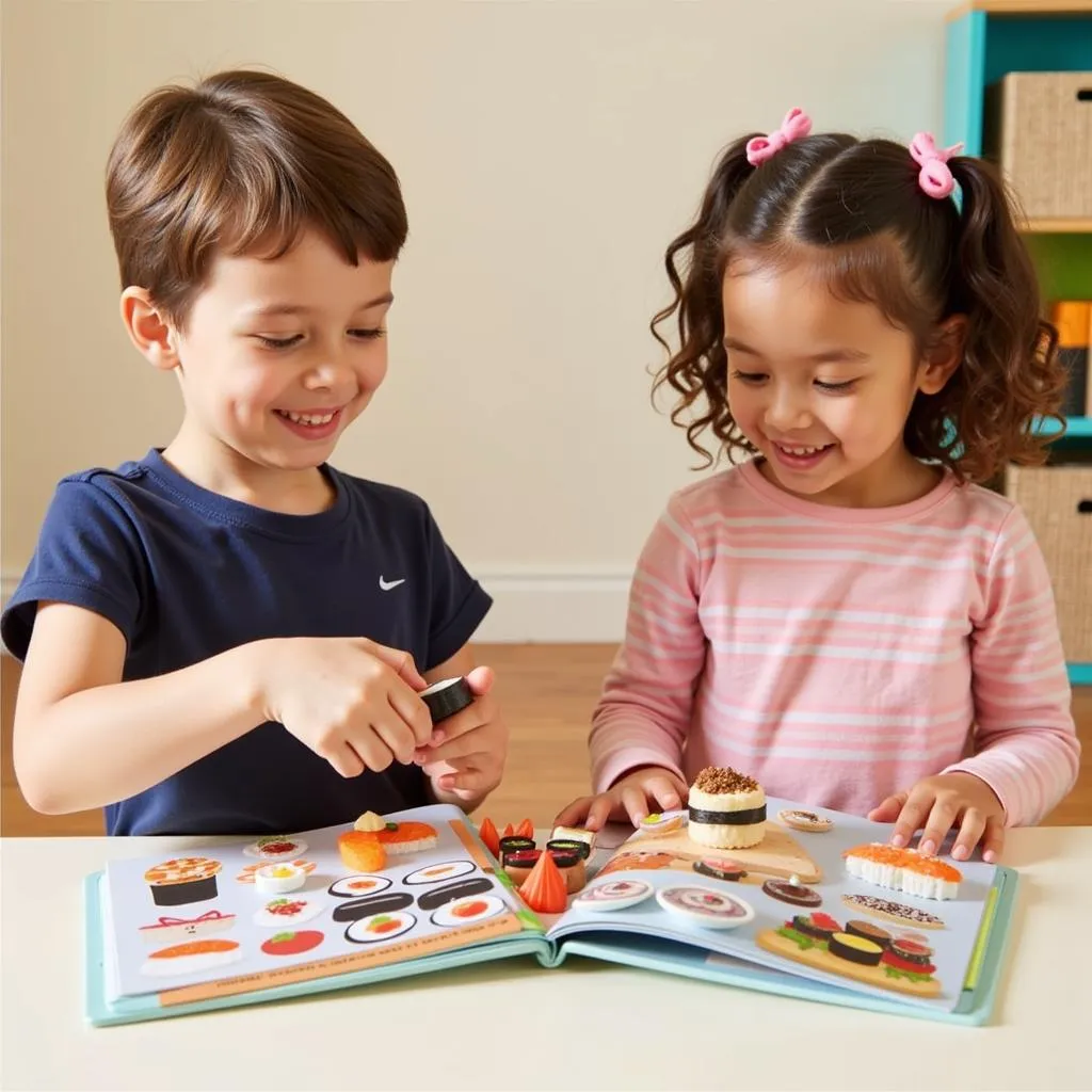 Children learning about different types of sushi using a play food set, promoting early learning and cultural exploration.