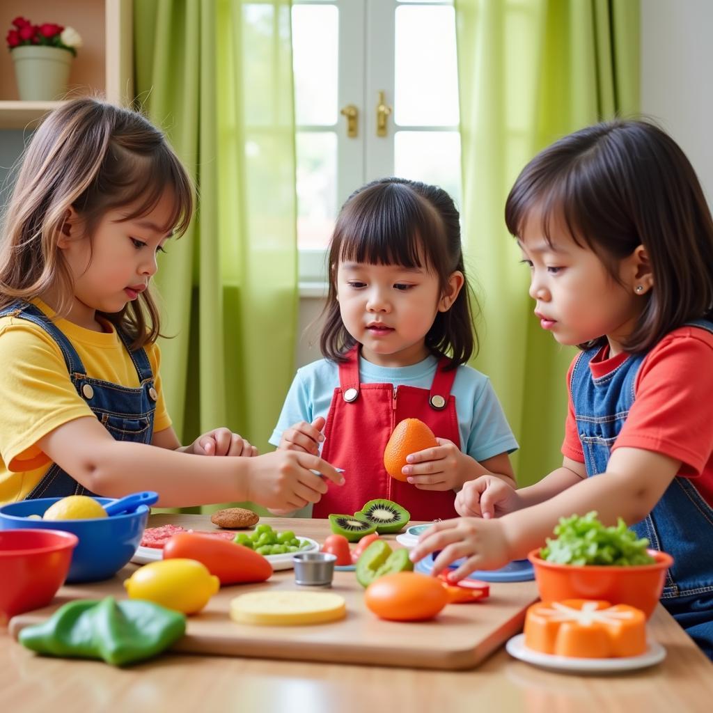 Children engaged in imaginative play with toy kitchen and food