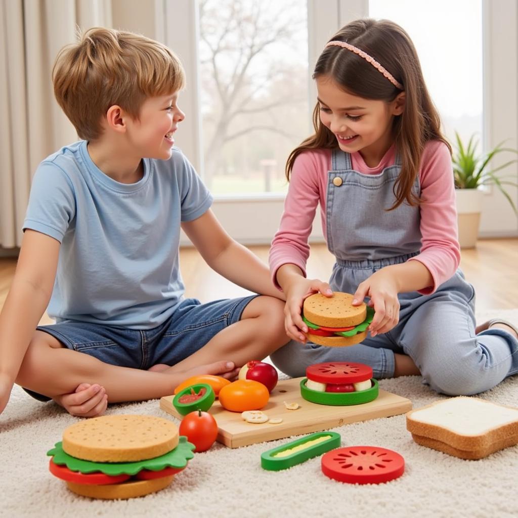 Children Engaging in Pretend Play with a Felt Food Sandwich Set