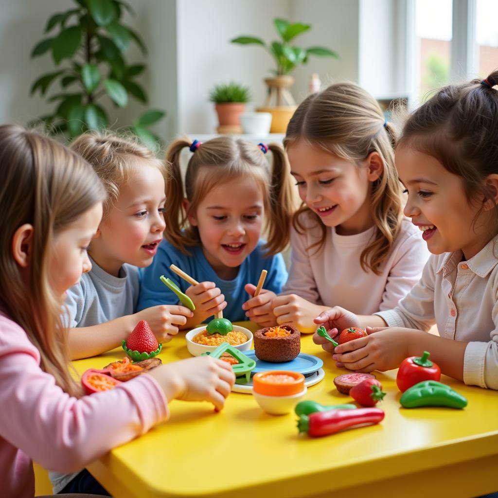 Children Engaging in Pretend Play with a Toys Food Set