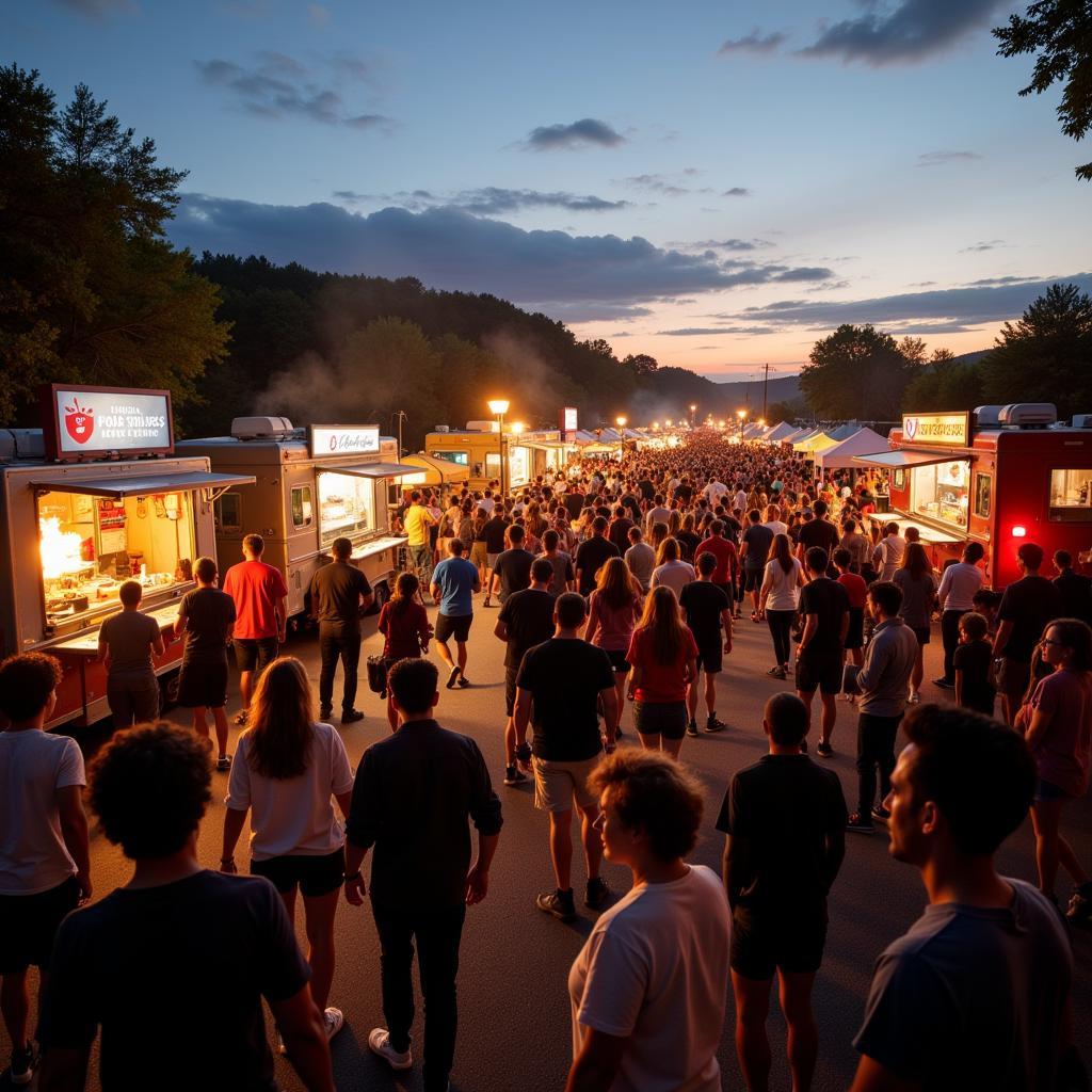 A bustling food truck rally in Kingsport, TN with crowds of people enjoying the food and atmosphere.