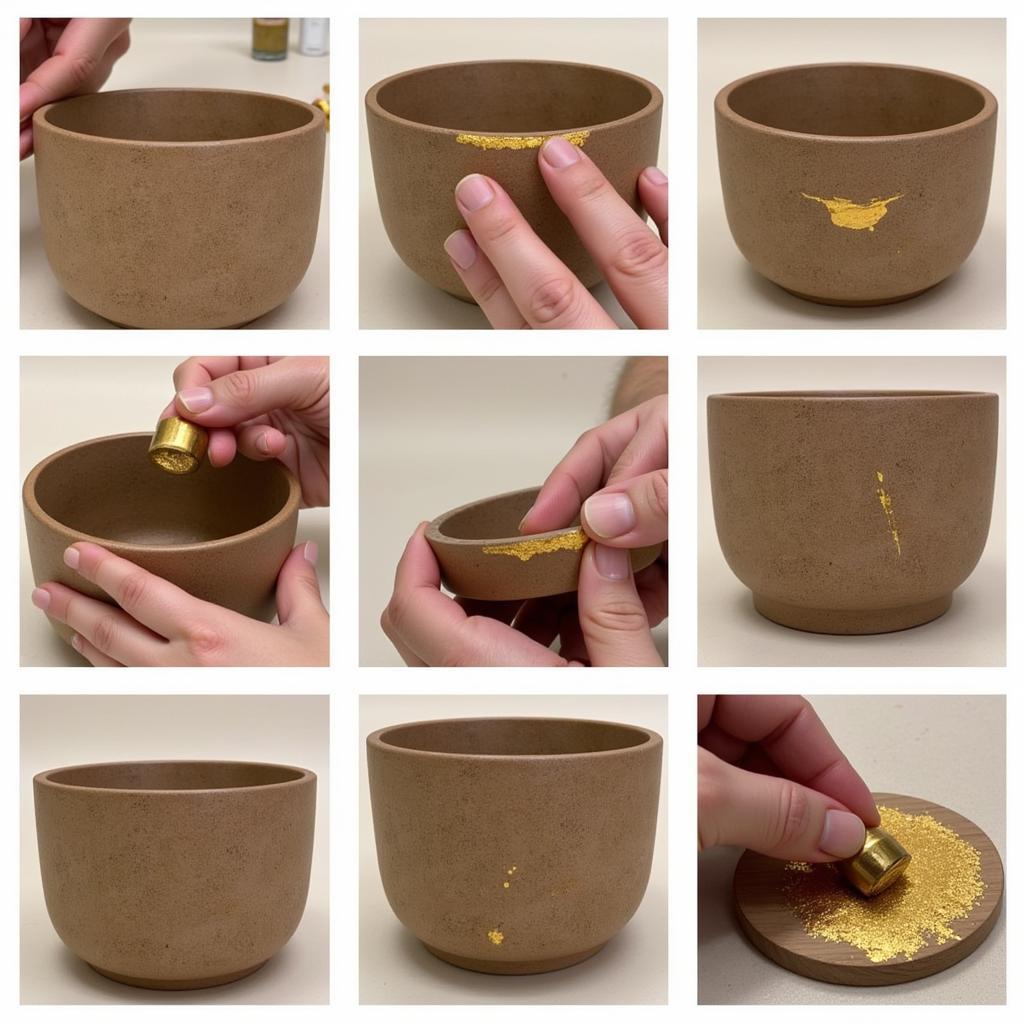 The process of repairing a ceramic piece with kintsugi technique