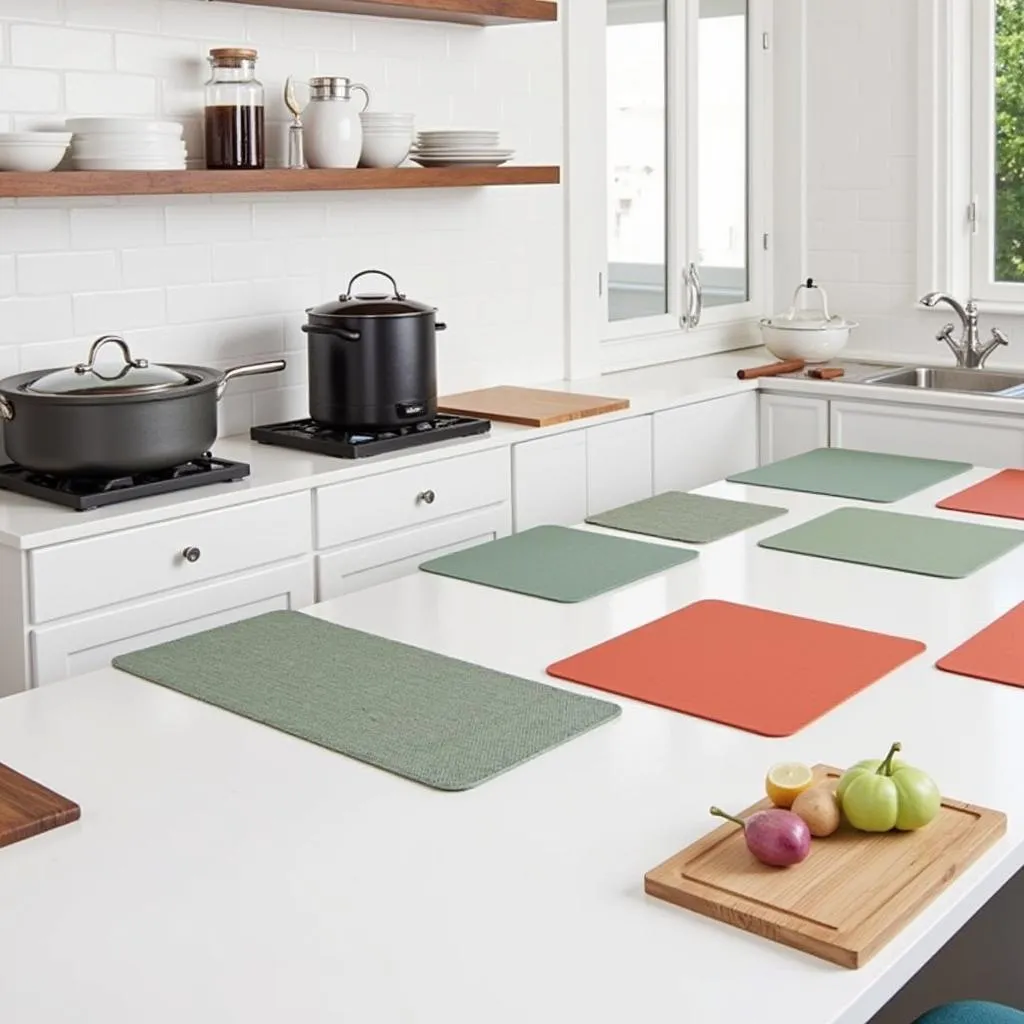 Kitchen counter with various food mats