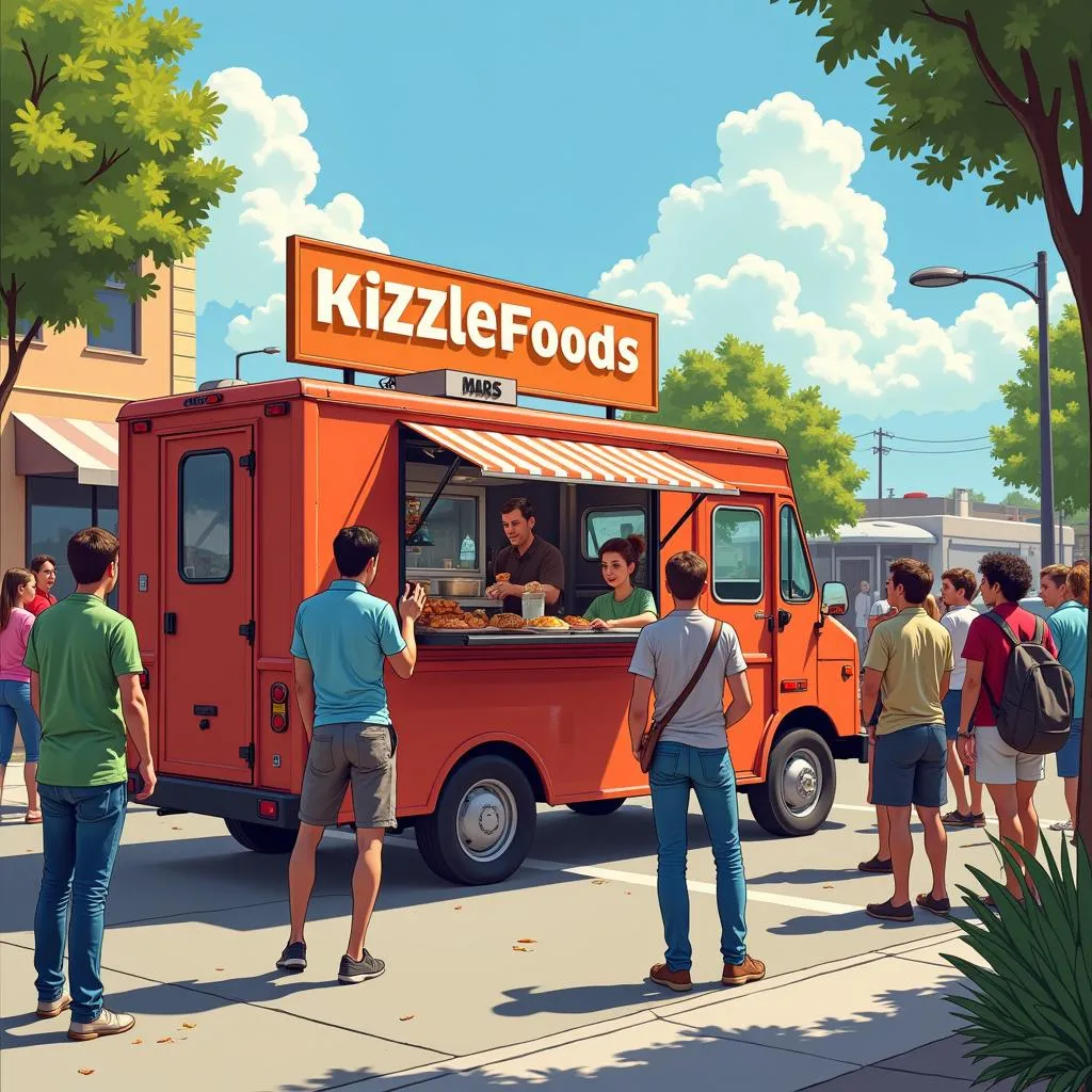 A bustling food truck festival with a line of people waiting to try kizzle foods