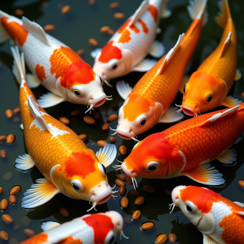 Koi fish eagerly consuming food pellets