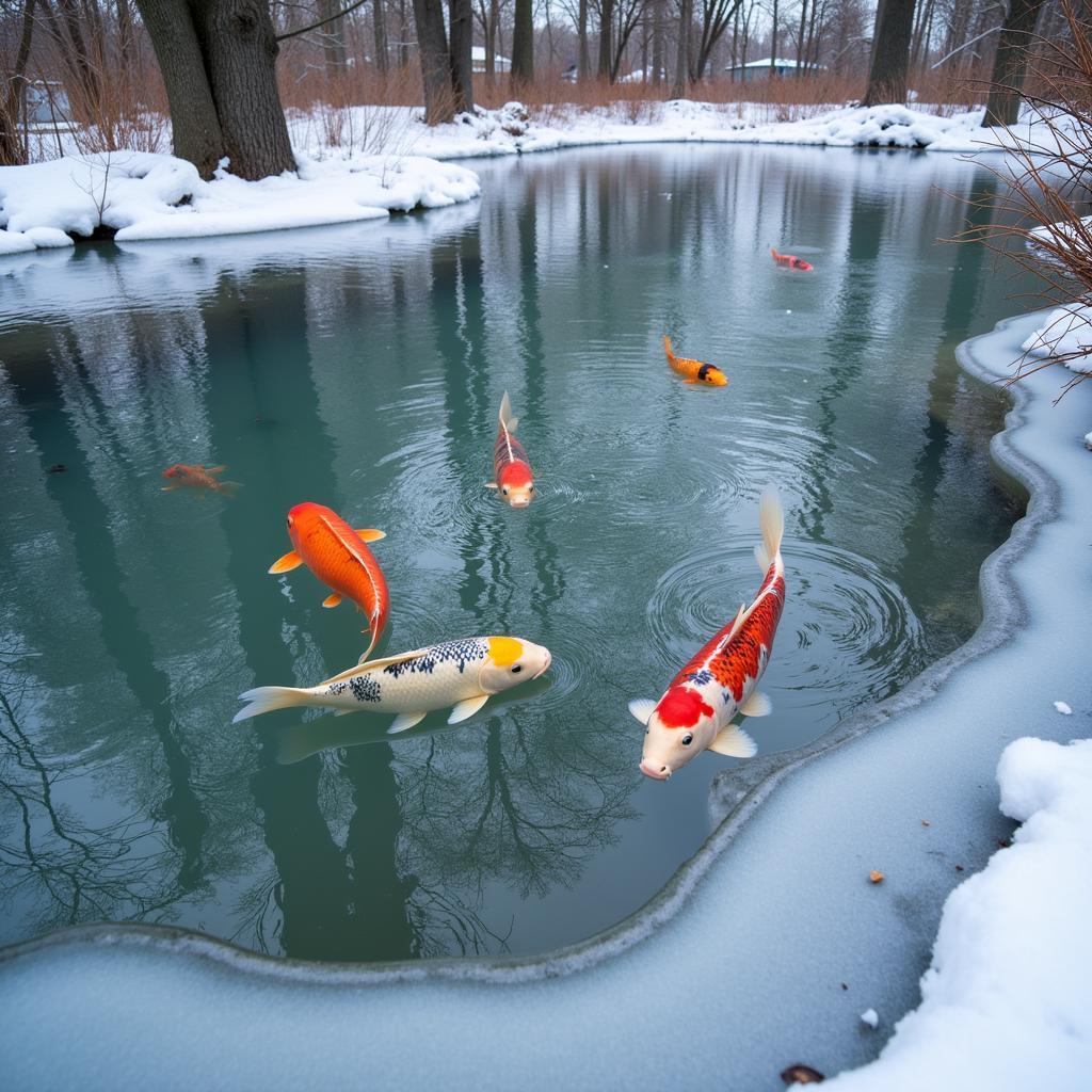 Koi fish swimming in a pond during winter