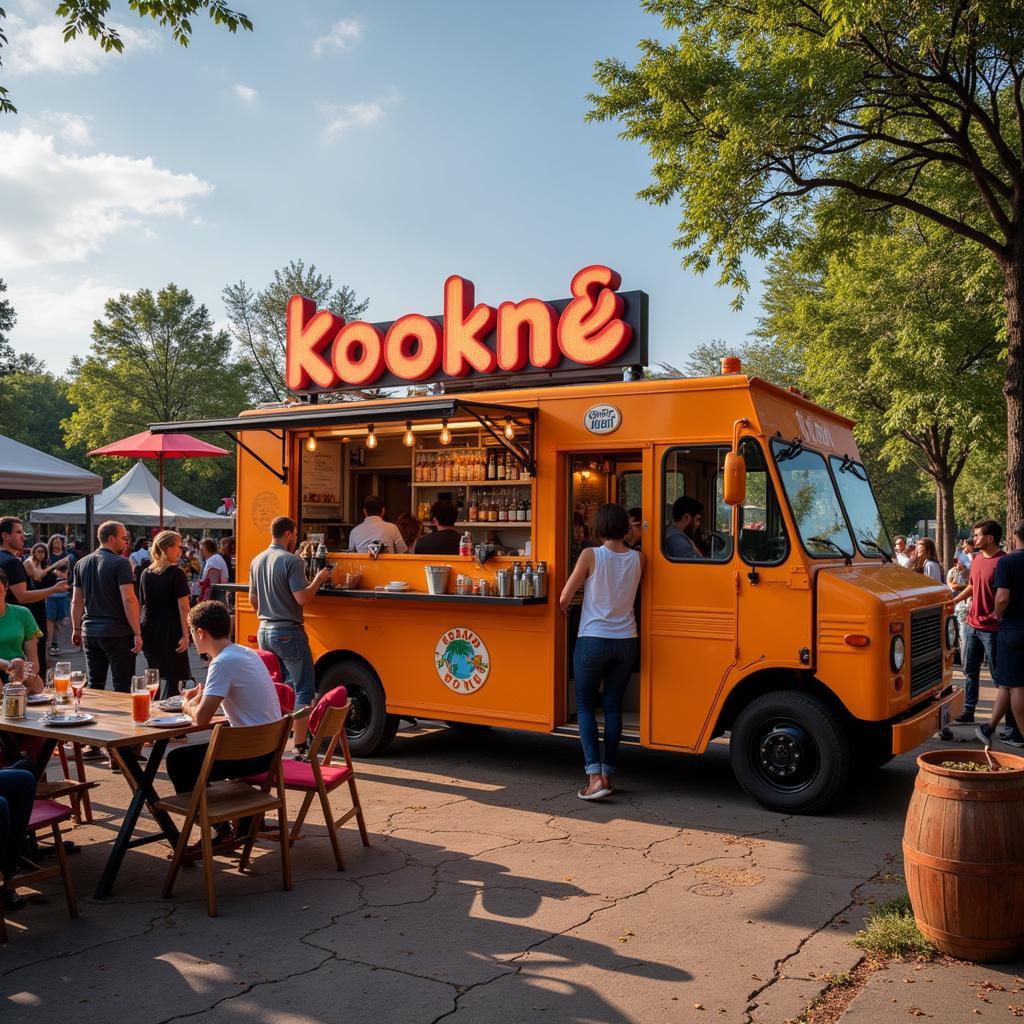  A lively scene of people enjoying their meals at Kookn food truck, with a backdrop of city lights and a festive atmosphere.