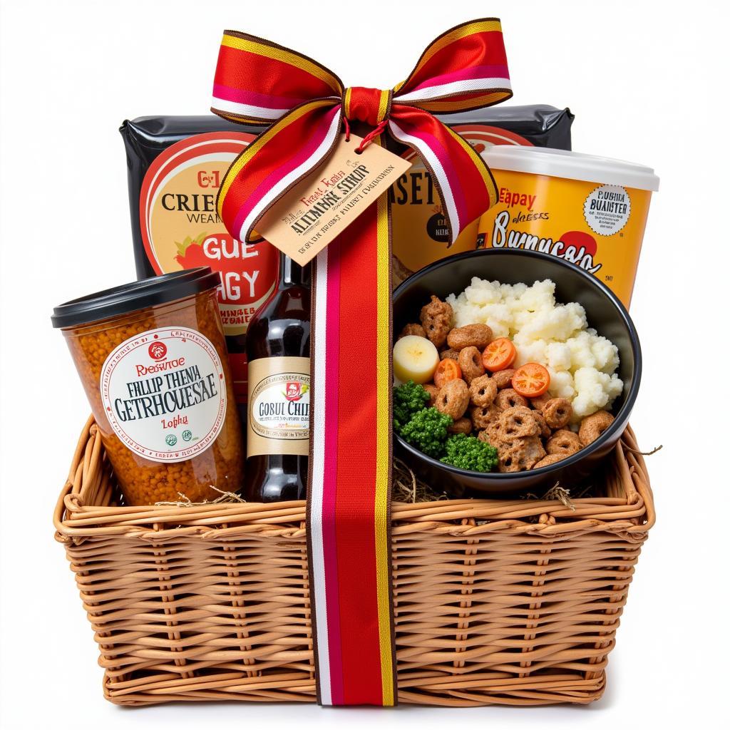 A beautifully wrapped Korean food gift basket, ready for gifting.