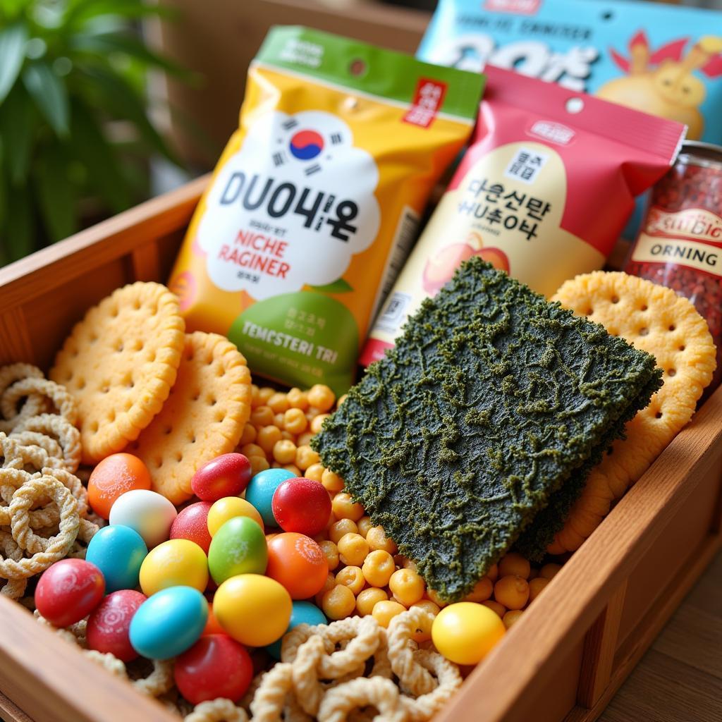 A close-up of various snacks commonly found in Korean food gift baskets.