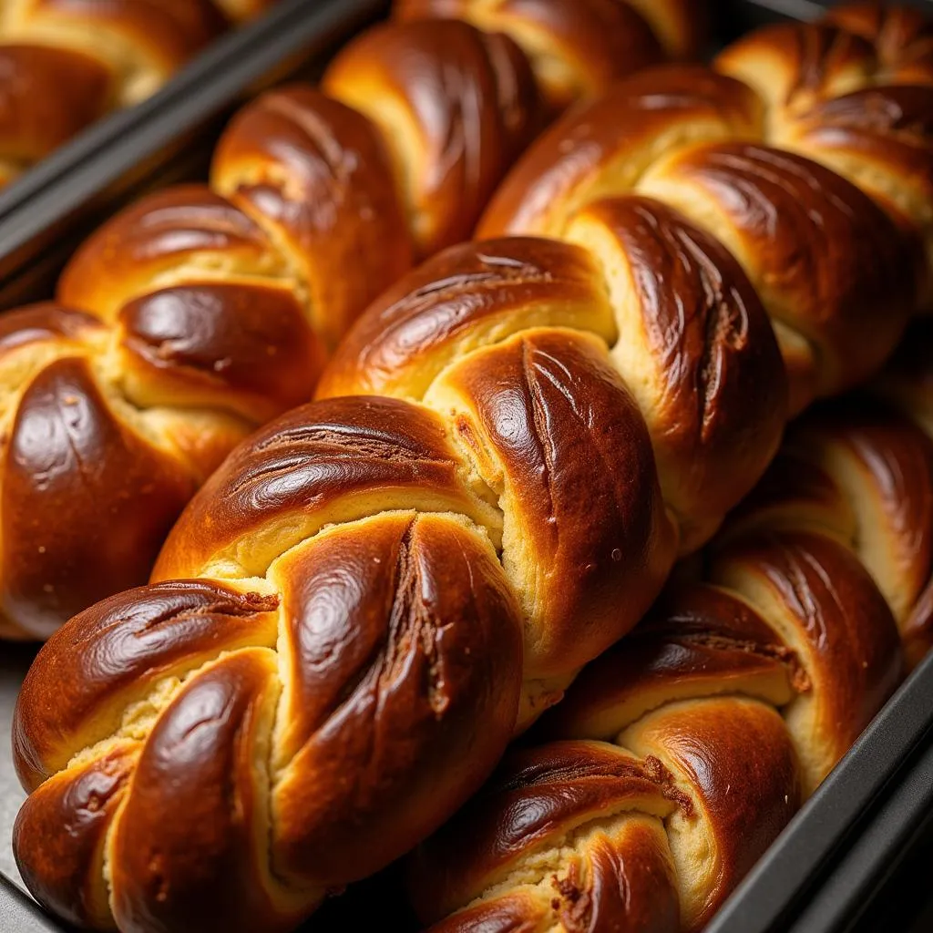 Freshly baked challah bread on display at a kosher bakery in Monticello, NY.