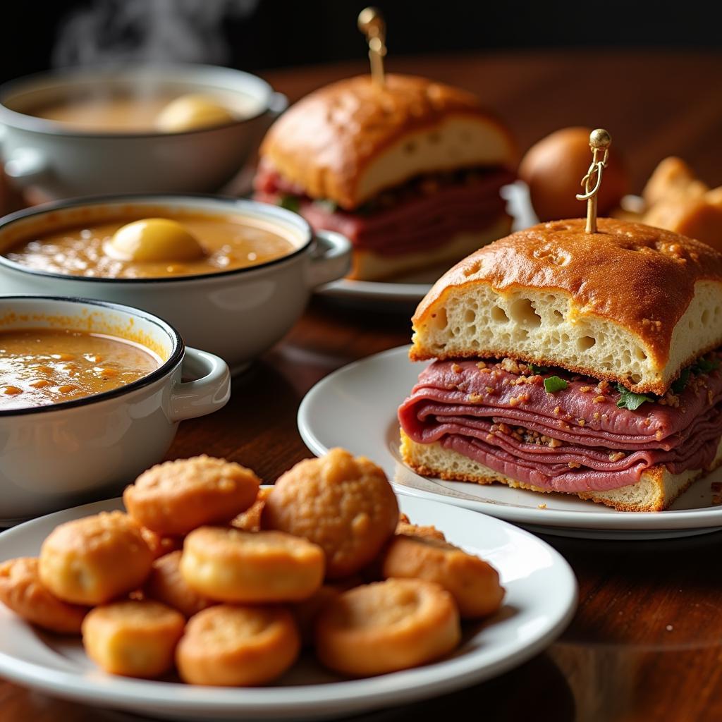 A close-up of classic kosher deli staples like matzo ball soup, pastrami on rye, and knishes