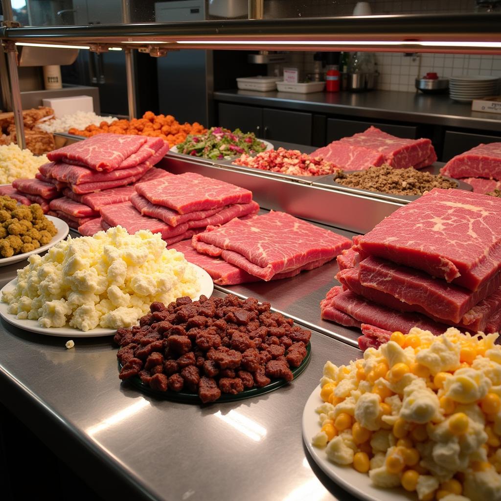 A bustling deli counter filled with a variety of kosher meats and salads.