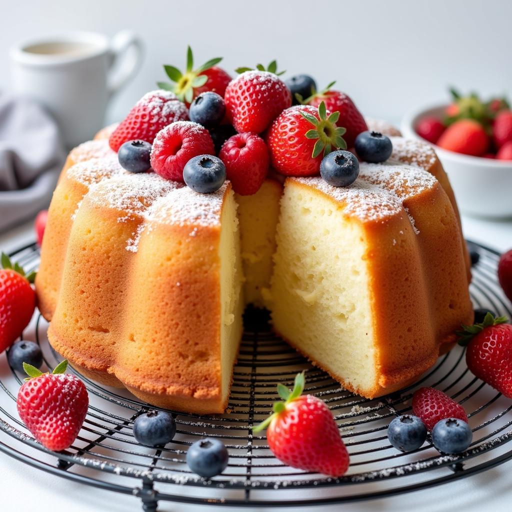 A finished kosher for Passover angel food cake on a cooling rack