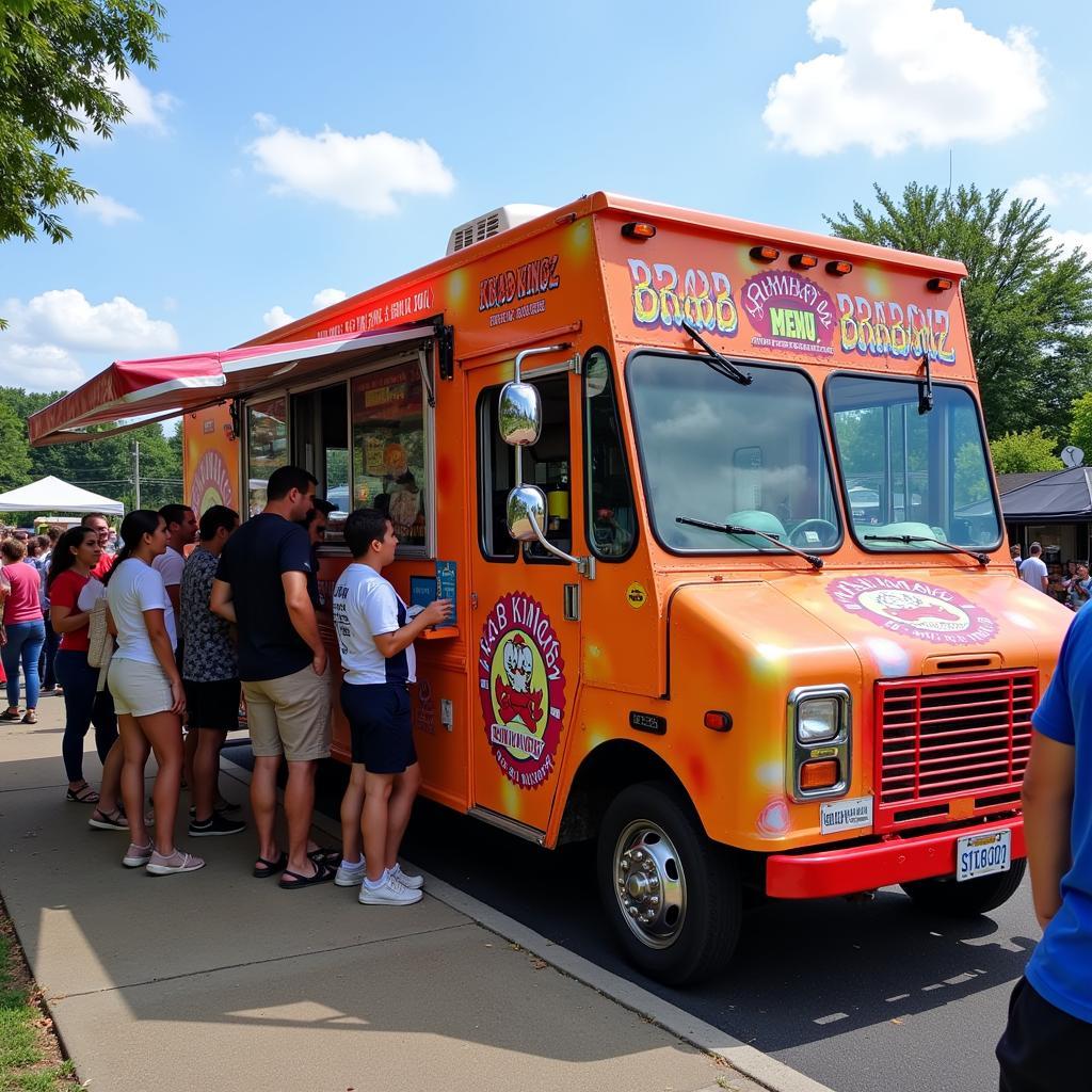 Krab Kingz Food Truck parked at a local event, serving a long line of eager customers.