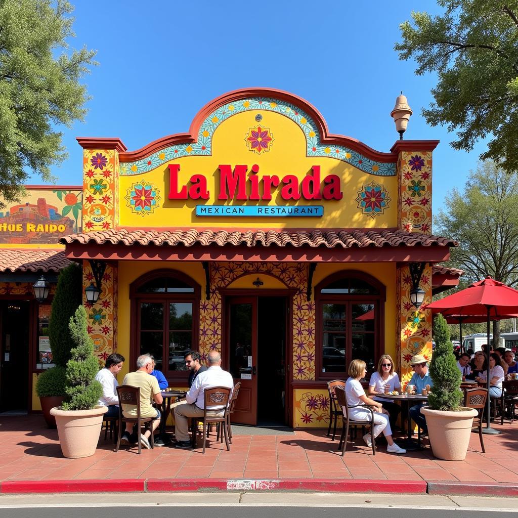 Vibrant facade of a bustling La Mirada Mexican restaurant