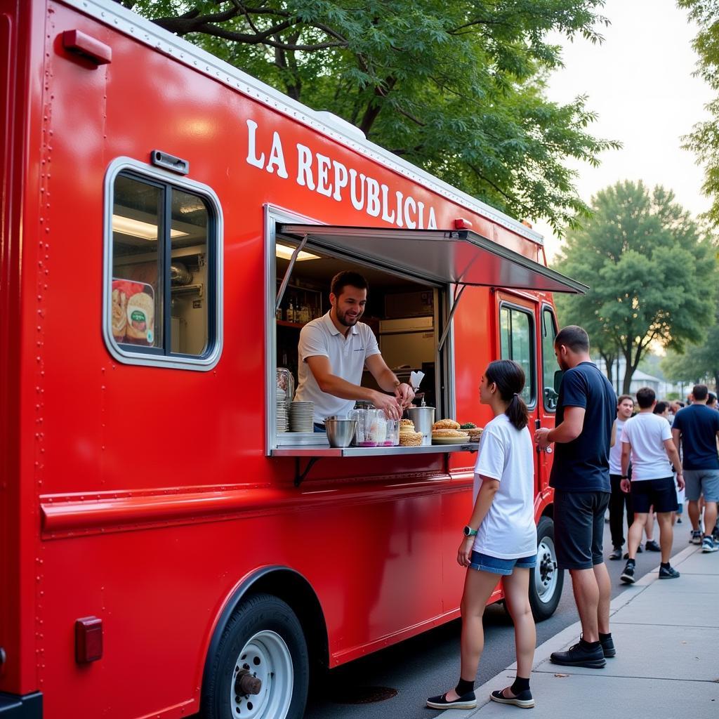 La Republica Food Truck parked on a busy city street, bustling with customers