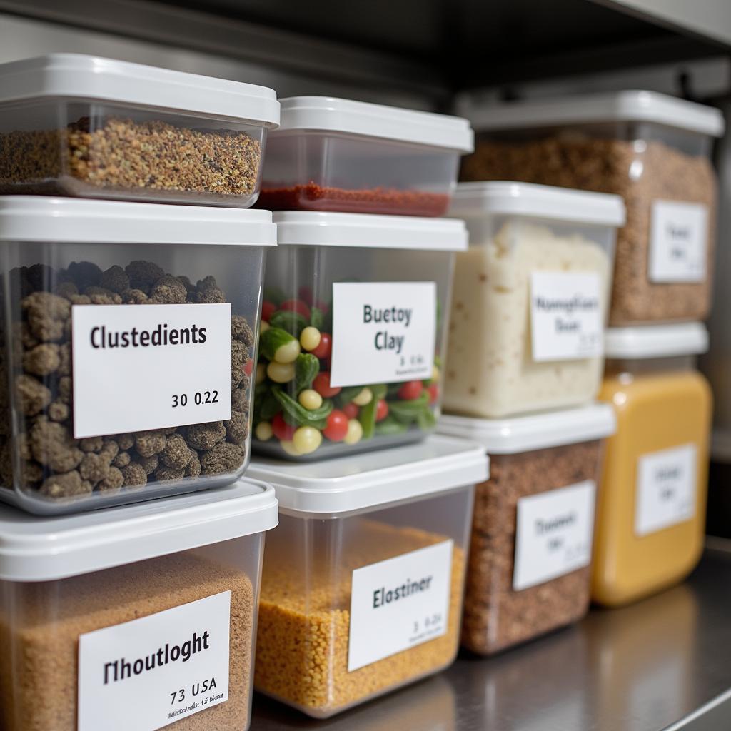 Clearly labeled food storage containers organized on shelves in a commercial refrigerator