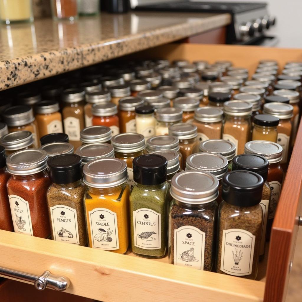  A drawer full of neatly labeled spice jars, showcasing a variety of spices and herbs.