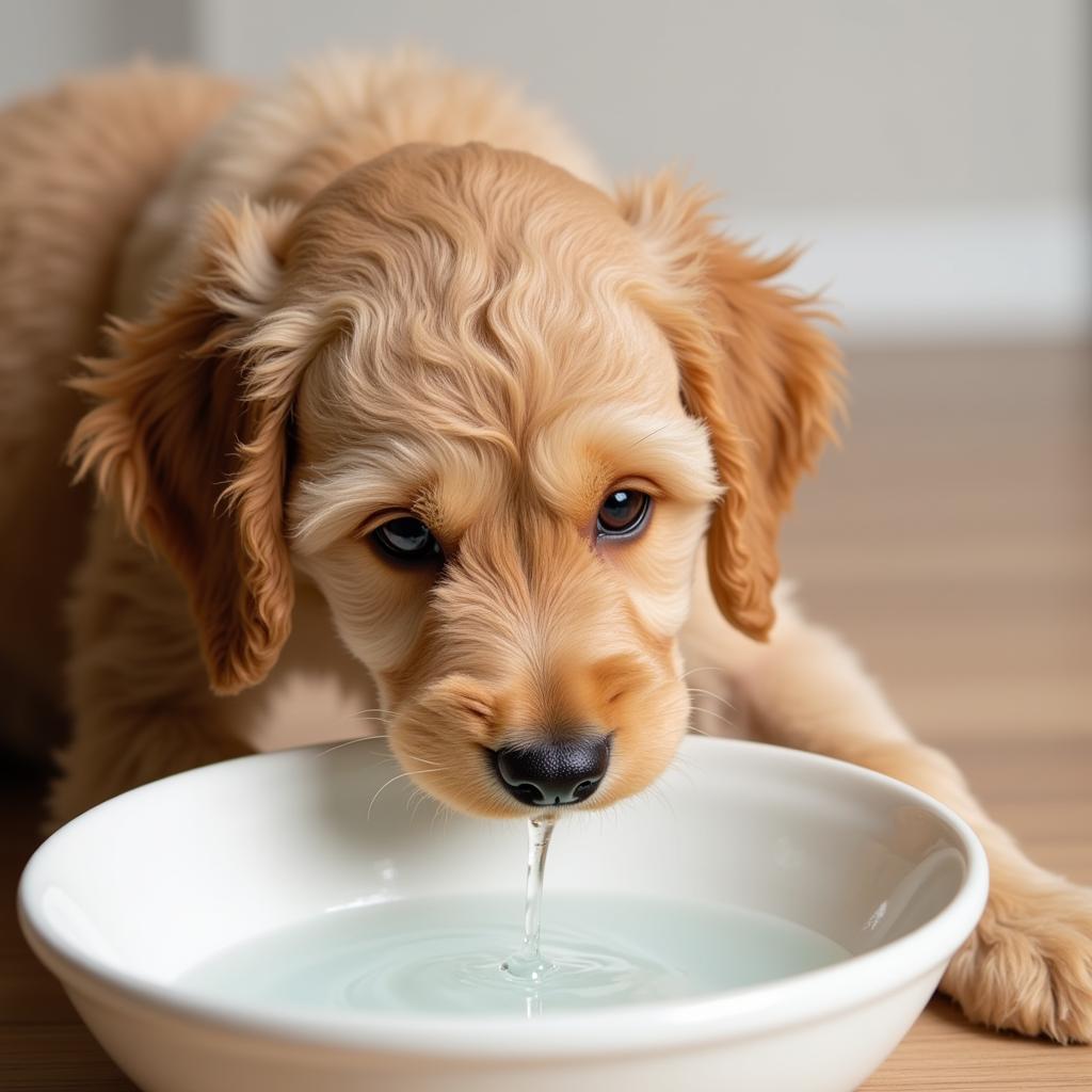 Labradoodle puppy drinking fresh water