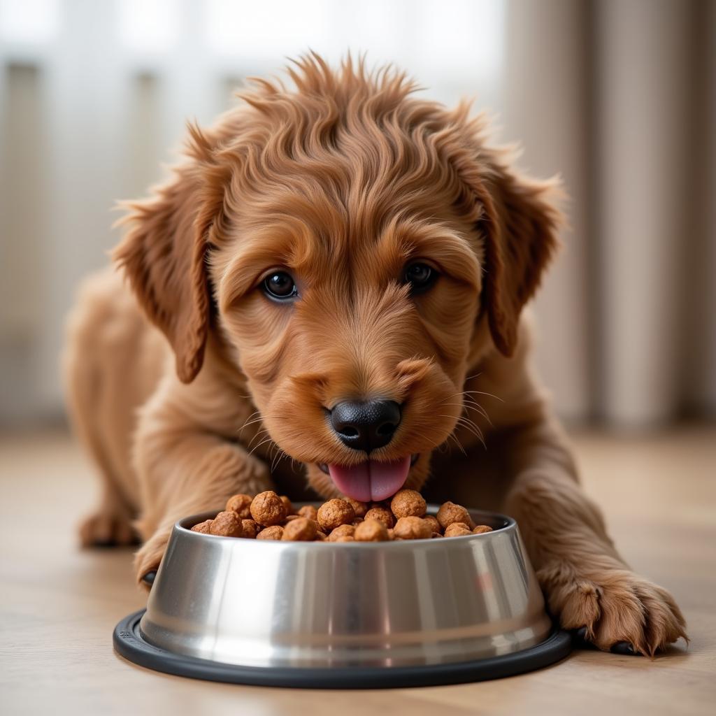 Labradoodle puppy enjoying its meal from a bowl