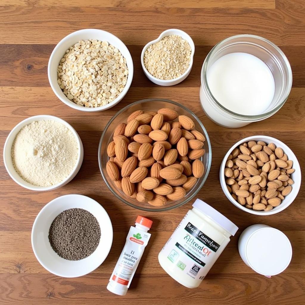 An assortment of ingredients commonly found in whole foods lactation cookies spread out on a table.