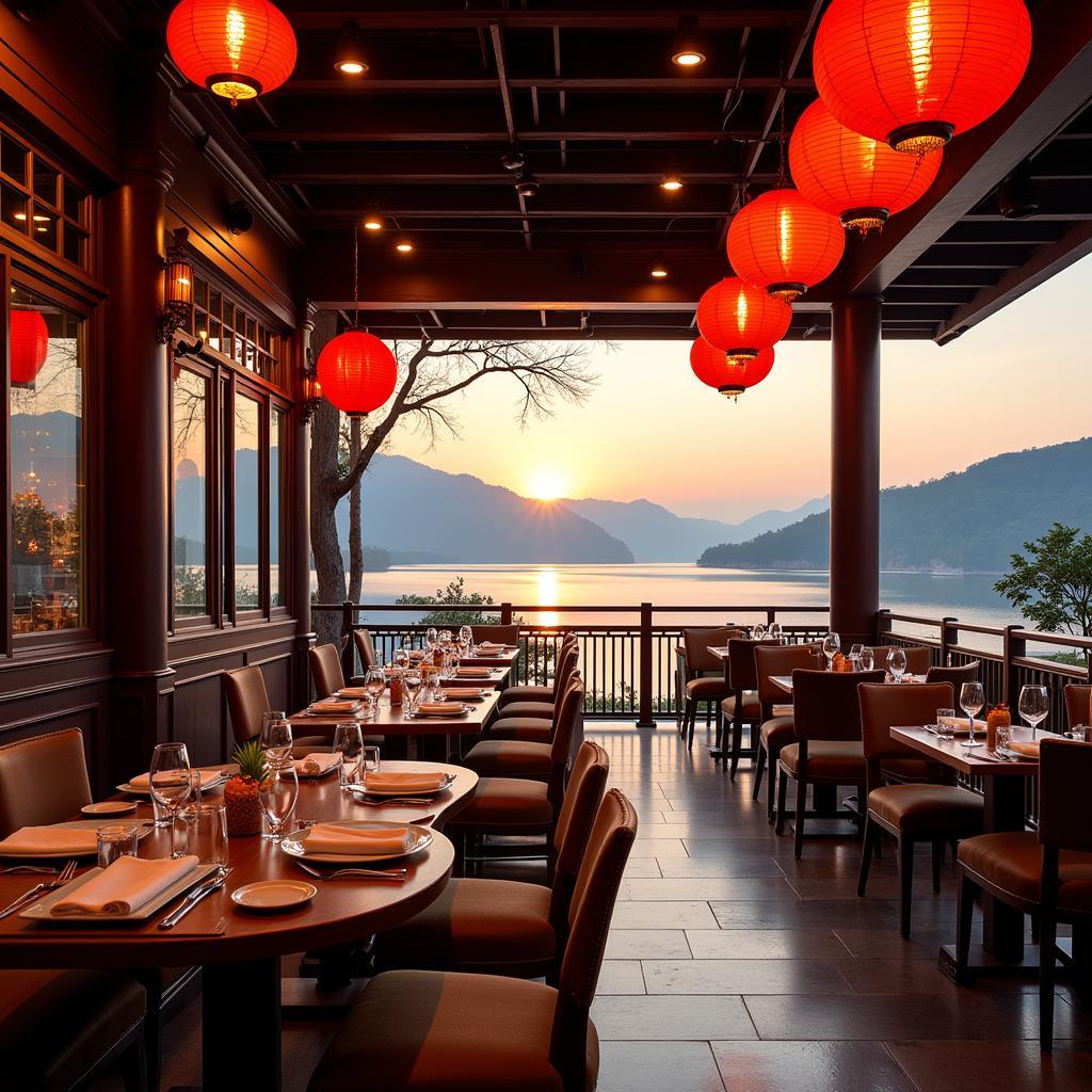 Scenic view of a lakeside Chinese restaurant