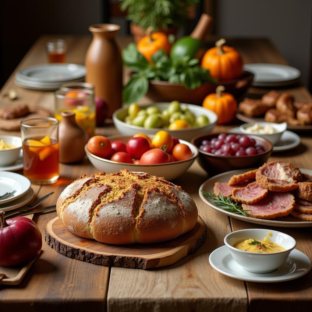 A table laden with Lammas feast foods, including bread, fruits, vegetables, and drinks.