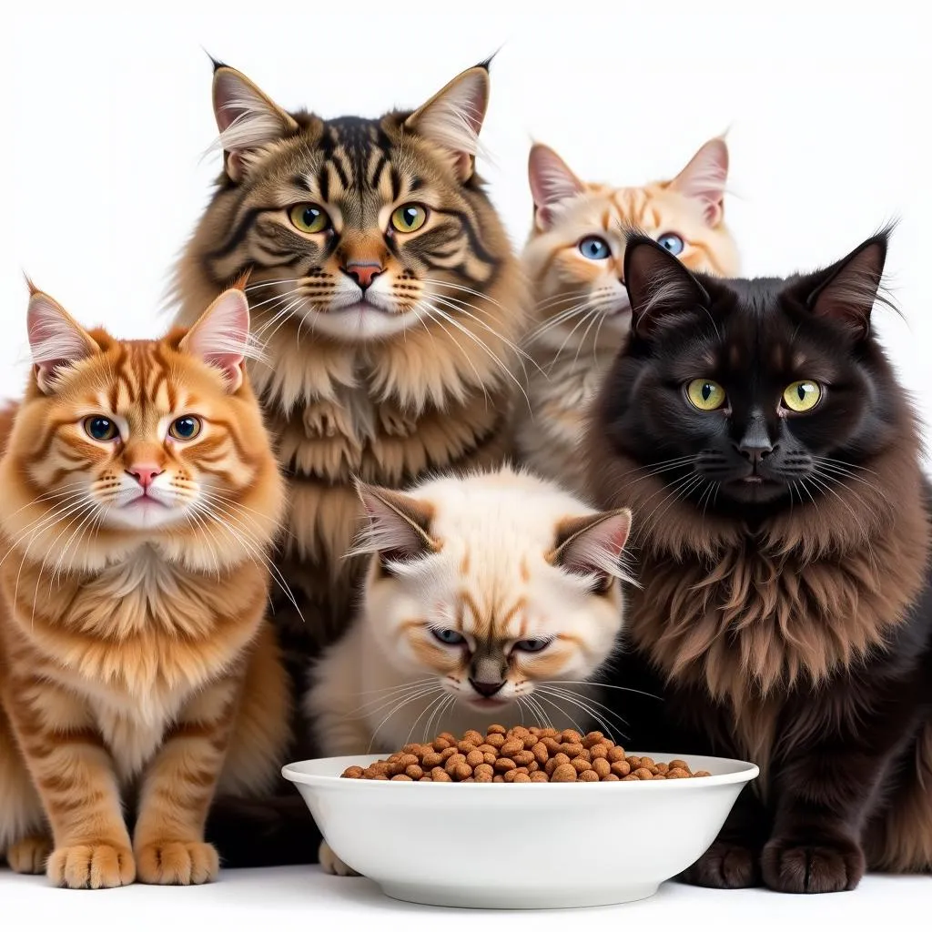 Large breed cats enjoying a bowl of dry cat food