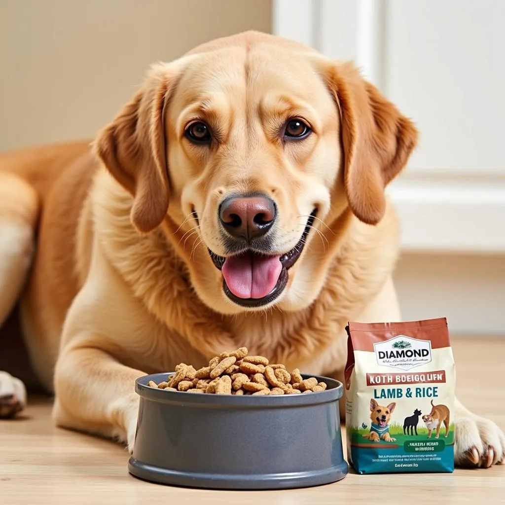 Large breed dog enjoying a bowl of Diamond Naturals Large Breed Lamb and Rice