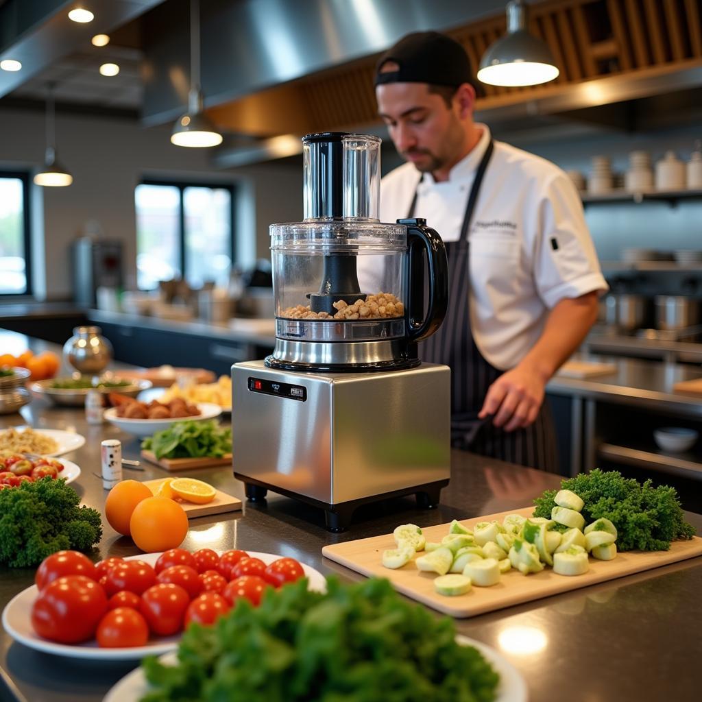 Professional chef using a large commercial food processor in a restaurant kitchen