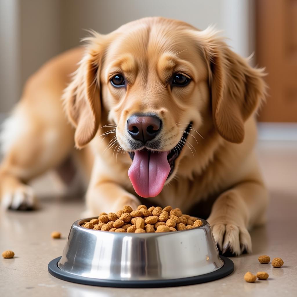 A large dog enjoying a bowl of small kibble dog food