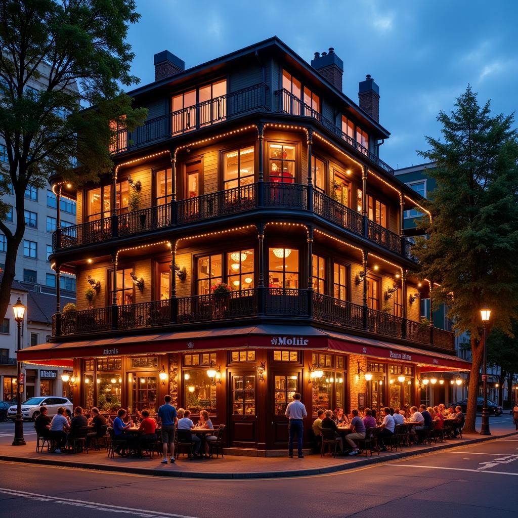 A bustling restaurant with a large patio on Main Street