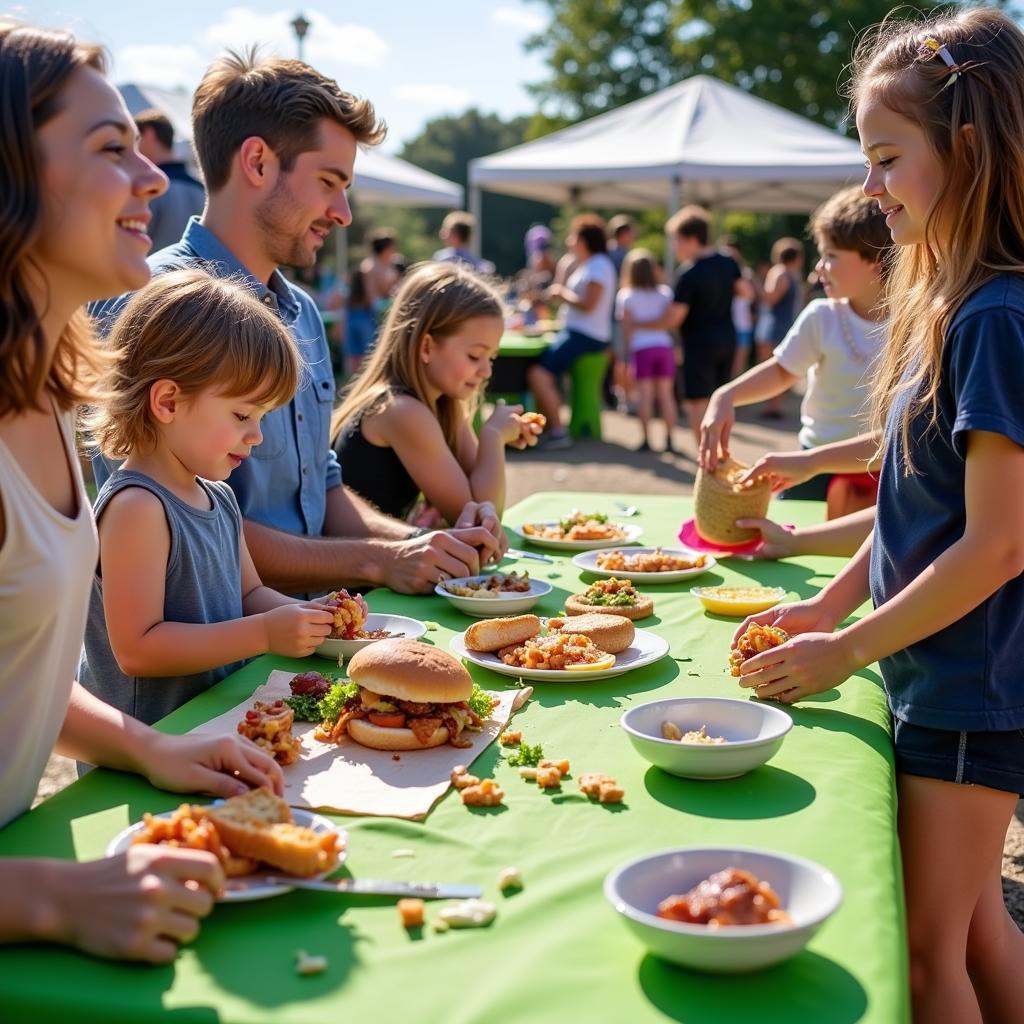 Families enjoying food truck meals together at picnic tables at Las Sendas Food Truck Fridays.